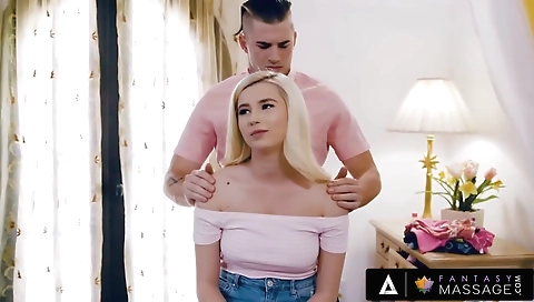 Slim blondy's feet in black lingerie